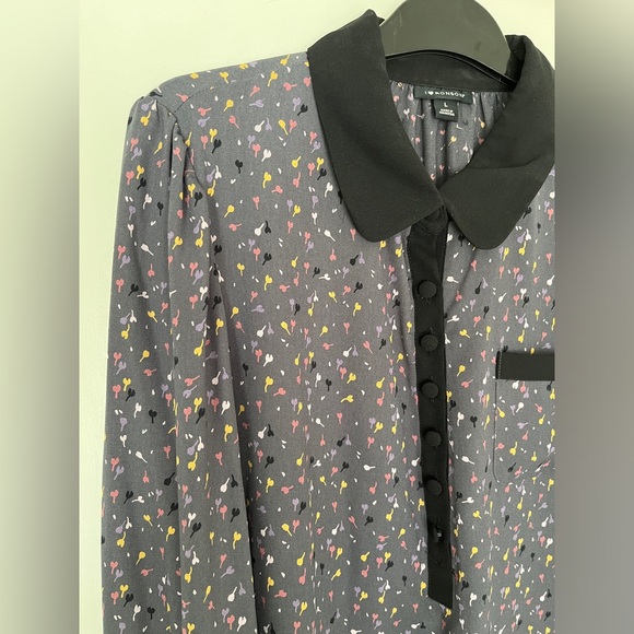 I Heart Ronson Confetti Tulip Print Long Sleeve Black Collar Grey Dress L - Picture 8 of 11
